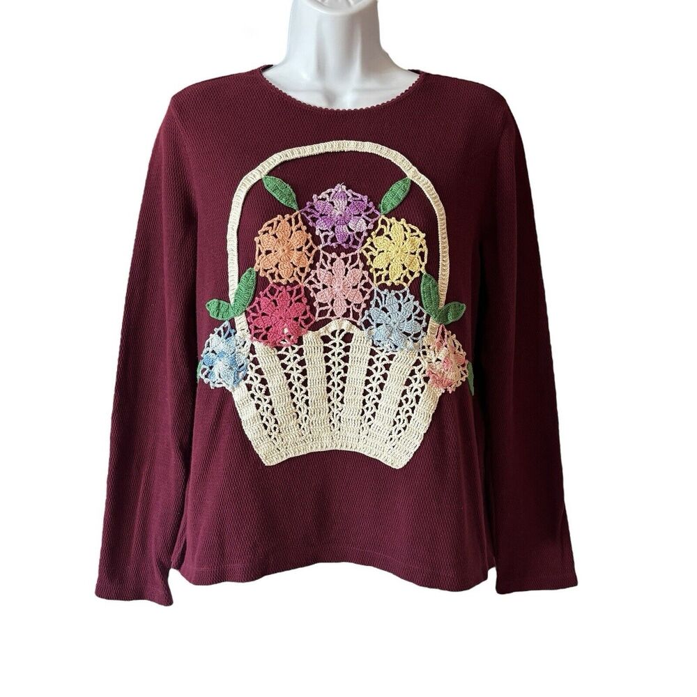 Vintage 90s Cottagecore Top Size S Crochet Flower Basket Burgundy Waffle Thermal